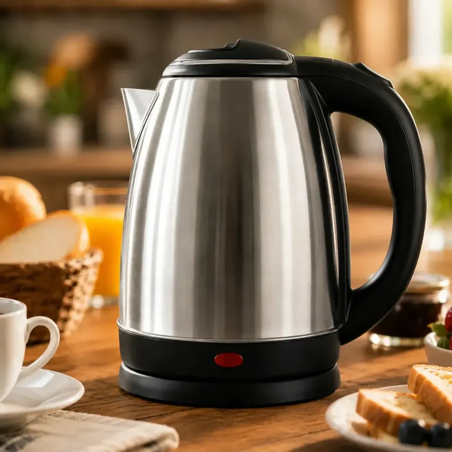 Chaleira elétrica de inox sobre a mesa do café da manhã